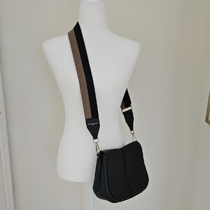 Gianni Chiarini Helena Round Black Crossbody Bag with Wide Brown-Trim Strap